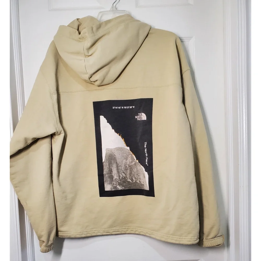 The North Face Hoodie Beige Tan Pullover Sweatshirt Mens Medium Graphic Back